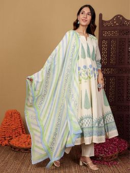 Chowkhat - Off White Hand Block Printed Pure Cotton Anarkali Kurta With Pant & Dupatta