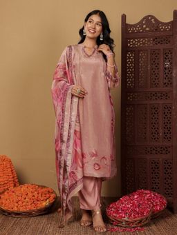 Chowkhat - Pink Hand Embroidered Shimmer Tissue Straight Kurta With Pant & Dupatta