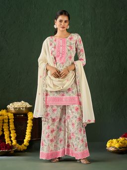 Shaily - Women Off White Silk Blend Embroidered Kurta With Sharara & Dupatta