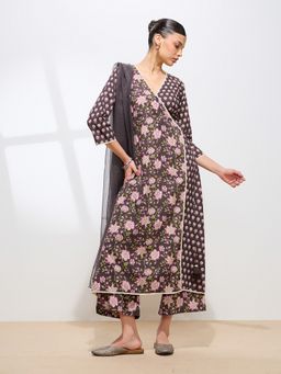 Shaily - Graceful Brown Floral Printed Cotton Kurta With Palazzo & Dupatta