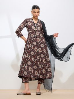 Shaily - Graceful Black Floral Printed Cotton Kurta With Pant & Dupatta