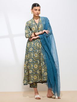 Shaily - Graceful Blue Floral Printed Cotton Kurta With Pant & Dupatta