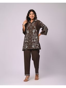 Zolo Label - Trendy Two-Piece Brown Contrast Embroidery Co-Ord Set