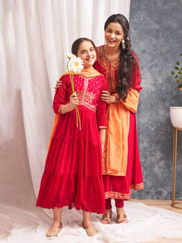 Aurelia - Girls Pink Printed Kurta (Set of 2)