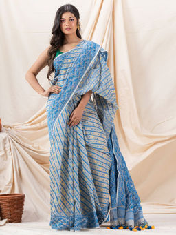 Angoshobha - Traditional Beige & Blue Korat Soft Dhakai Jamdani Saree with Unstitched Blouse