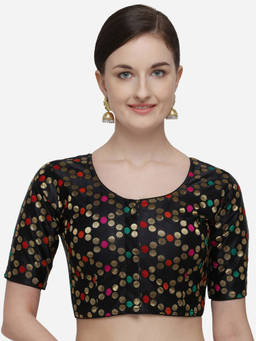 Amrutam Fab - Womens Printed Black Jacquard Stiched Blouse With Round Neck