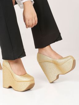 Flat n Heels - Women Gold Wedges Pump Heels