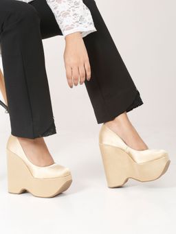 Flat n Heels - Women Gold Wedges Pump Heels