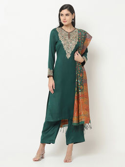 Safaa - Womens Green Acro Wool Woven Unstitched Suit with Katan silk Dupatta (Set of 3)