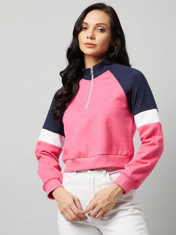 Carlton London - Women Casual Pink Colourblocked Mock Collared Crop Sweatshirt