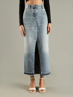 Tommy Hilfiger - Blue Cotton Straight Fit Solid Maxi Skirt