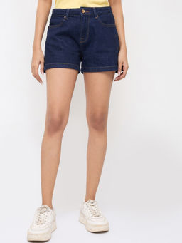 Spykar - Women Blue Solid Relaxed Fit Mid Rise Shorts
