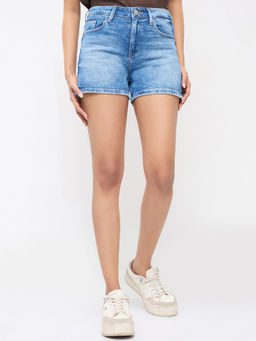 Spykar - Women Blue Solid Regular Fit Mid Rise Shorts