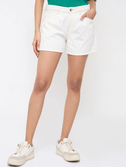 Spykar - Women White Solid Relaxed Fit High Rise Shorts