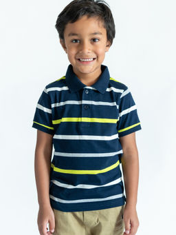 Campana - Boys Pablo Short Sleeves Polo T-Shirt Broad Breton Stripes Navy