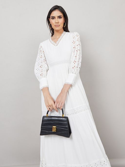 Buy Styli White Broderie Detail Lace Insert A-Line Maxi Dress Online