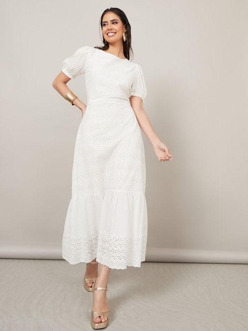 Buy Styli White Broderie Puff Sleeves A-Line Midi Dress with Back Tie Up  Online