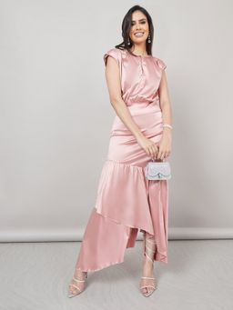 Styli - Pink Asymmetric Ruffle Hem Satin Maxi Dress