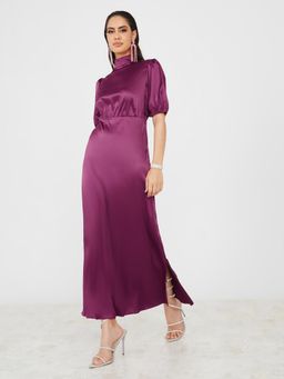 Styli - Burgundy High Neck Satin A-Line Maxi Dress