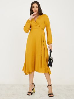Styli - Mustard Long Sleeves Wrap Midi Dress