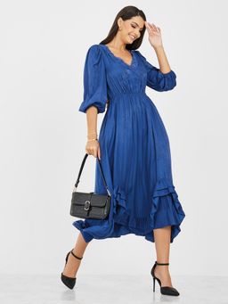Styli - Blue Ruffled Hem Lace Insert A-Line Midi Dress
