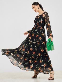 Styli - Black Tiered Printed Maxi Dress with Smocking