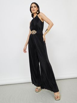 Styli - Black Plisse Halter Neck Wide Leg Jumpsuit