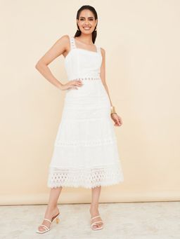 Styli - White Sleeveless Broderie Tiered Midi Dress