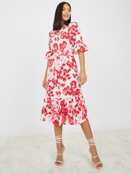 Styli - Red Floral Printed Belted A-Line Midi Shirt Dress (Set of 2)