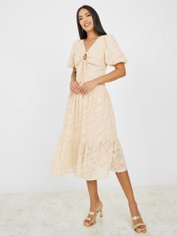 Styli - Beige Key Hole Neck Lace Detail A-Line Midi Dress