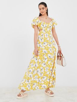 Styli - Yellow Sweetheart Neck Floral A-Line Maxi Dress