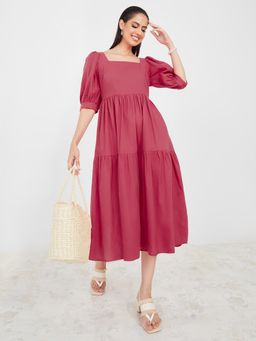 Styli - Red Square Neck Cotton Tiered Midi Dress
