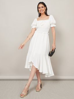 Styli - White Dobby Smocked Detail A-Line Midi Dress