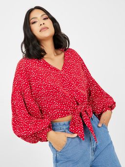 Styli - Red Spot Aop Tie Up Hem Blouse