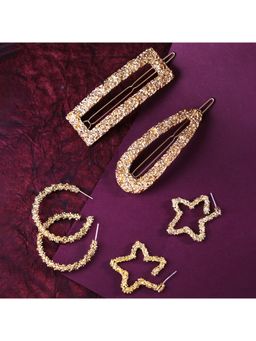 Yellow Chimes - Set of 2 Pairs 2 Pcs Gold -toned Geometric Hoop Earrings With Hair Clips