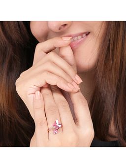 Yellow Chimes - Pink and Rose Gold-Plated Swarovski Crystal Butterfly Shaped Finger Ring