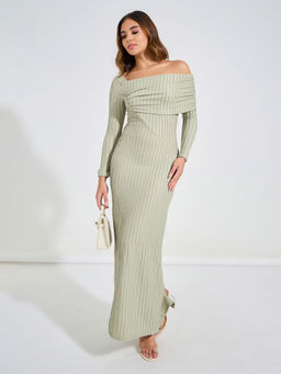Styli - Women Green One Shoulder Neck Textured Sheath Maxi Dress