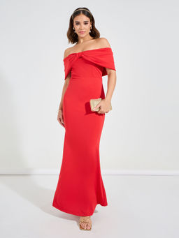 Styli - Women Red Off Shoulder Bow Style Bodycon Maxi Dress