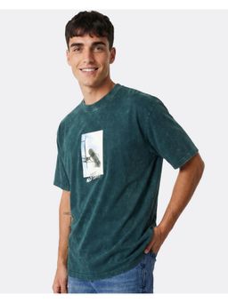 Bewakoof - Men's Dark Sea Green Good Old Days Graphic Printed Oversized Acid Wash T-Shirt