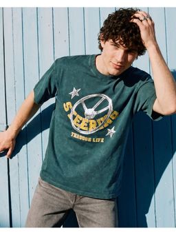 Bewakoof - Men's Dark Sea Green Streering Graphic Printed Oversized Acid Wash T-Shirt
