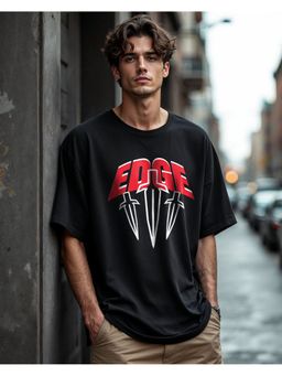 Bewakoof - Men's Jet Black Edge Graphic Printed Oversized T-Shirt