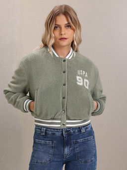 U.S. POLO ASSN. - Women Green Stand Collar Textured Varsity Jacket