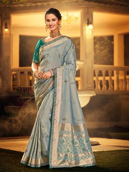 Odette - Grey Colour Viscose Dola Silk Saree Pair with Raw Silk with Unstitched Blouse