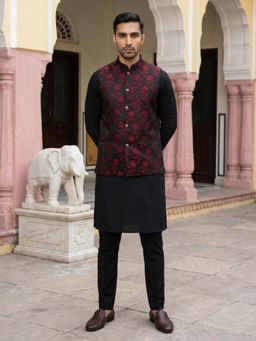 Jompers - Embossed Nehru Jacket with Solid Kurta Set for Men