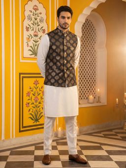 Jompers - Men's Black Printed Nehru Jacket With Solid Kurta and Pyjama