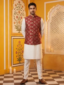 Jompers - Men's Maroon Printed Nehru Jacket With Solid Kurta and Pyjama