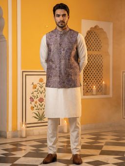 Jompers - Woven Design Nehru Jacket with Cream Kurta and Pyjama Set