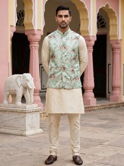 Jompers - Men's Silk Blend Kurta Set with Printed Nehru Jacket