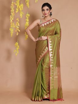 CHARUKRITI - Green Silk Zari Temple Borders & Chevron Pallu Handwoven Saree with Unstitched Blouse