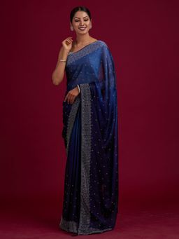 Koskii - Navy Blue Swarovski Satin Designer Saree with Unstitched Blouse